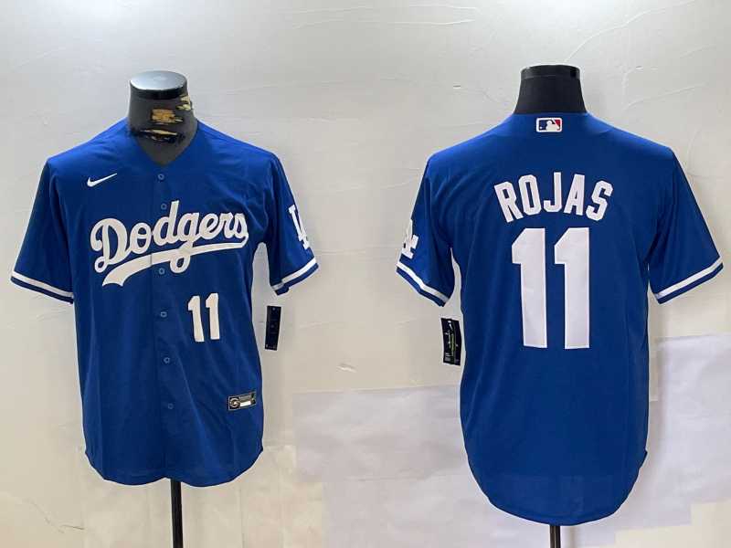 Mens Los Angeles Dodgers #11 Miguel Rojas Number Blue Cool Base Stitched Jerseys